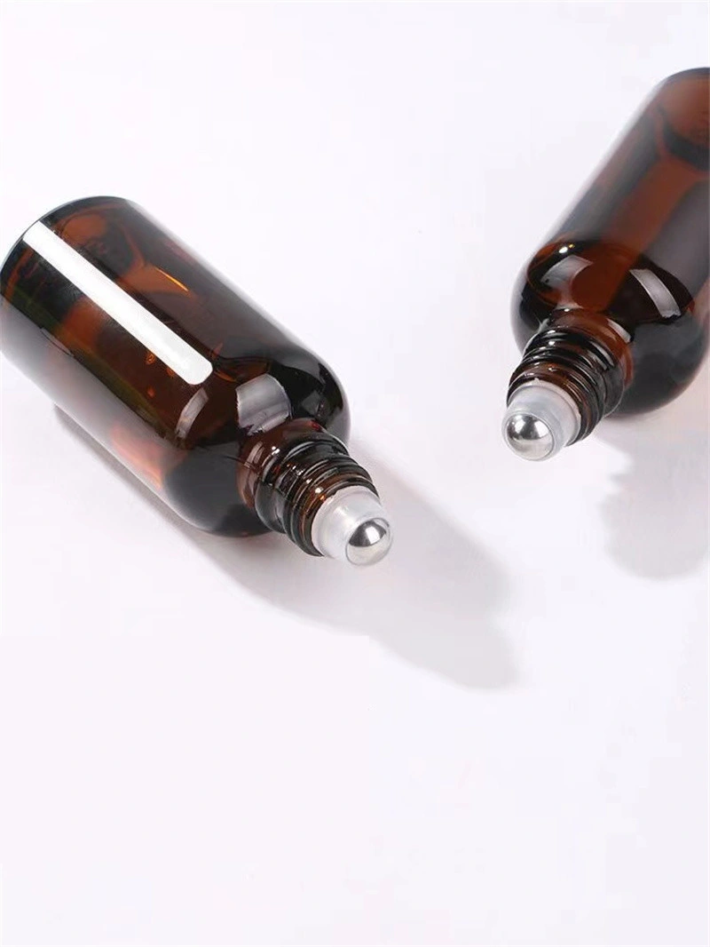 10ml Amber Roll on Glass Bottle Portable Brown Essential Oil Bottle Aroma Metal Roller Ball with Black Plastic Cap