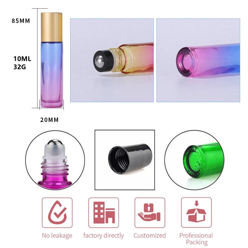 10ml Gradient Colored Refillable Glass Essential Oil Roll on Bottle with Steel Roller Ball Metal Roll with Aluminum Cap and Plastic PP Cap in Stock