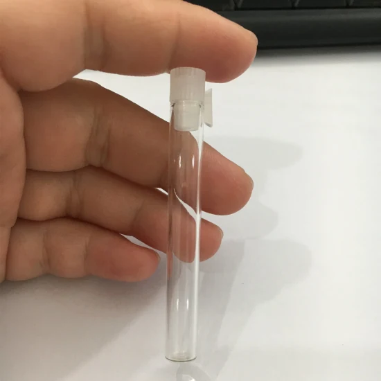 Botella de vidrio de muestra de perfume de boca plana de 1 ml con tapón