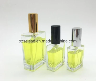 Claro 15ml 30ml 50ml 100ml Botella de vidrio cuadrada rectangular de perfume con tapa de bomba de loción